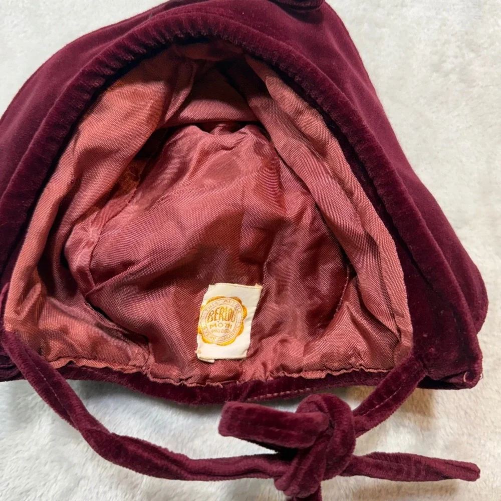 Vintage 1950s Burgundy Velvet Kids 3pc Snowsuit Set Coat Pants‎ Bonnet Fur Trim